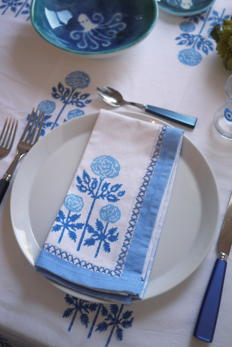 Modern Floral Napkins with Embroidery in Grecian Blues, Set of 4