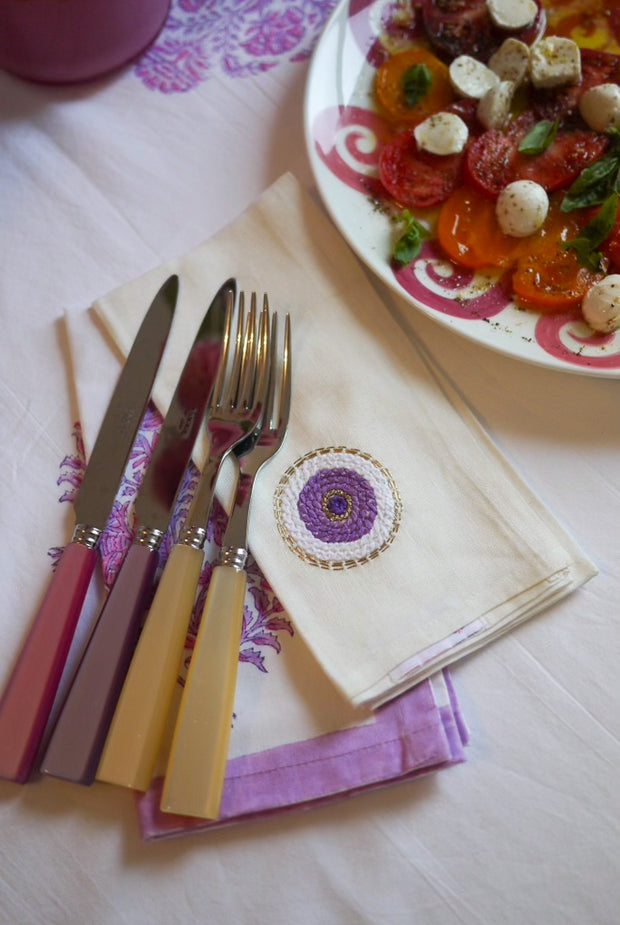 Evil Eye Hand Embroidered Linen Napkins in Lavender, Set of 4