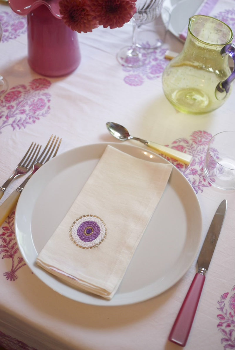 Evil Eye Hand Embroidered Linen Napkins in Lavender, Set of 4