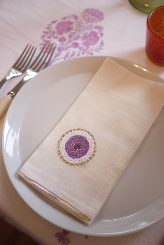 Evil Eye Hand Embroidered Linen Napkins in Lavender, Set of 4