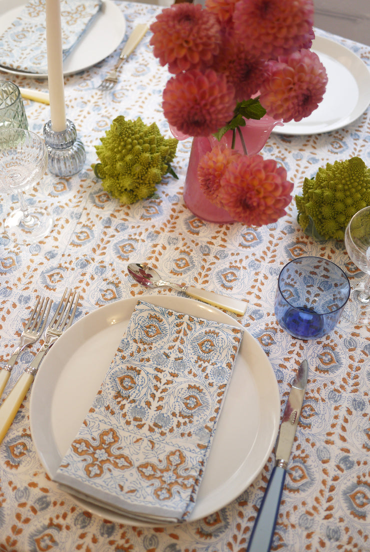 Faridabad Flower Tablecloth with Cross Border, Grey Stripe  - BLUE/GOLD