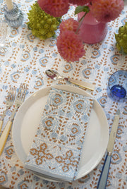 Faridabad Flower Tablecloth with Cross Border, Grey Stripe  - BLUE/GOLD