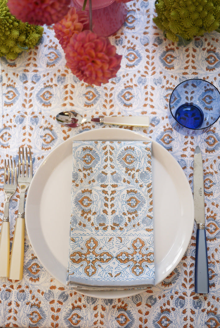 Faridabad Flower Napkins in Blue and Gold, Set of 4