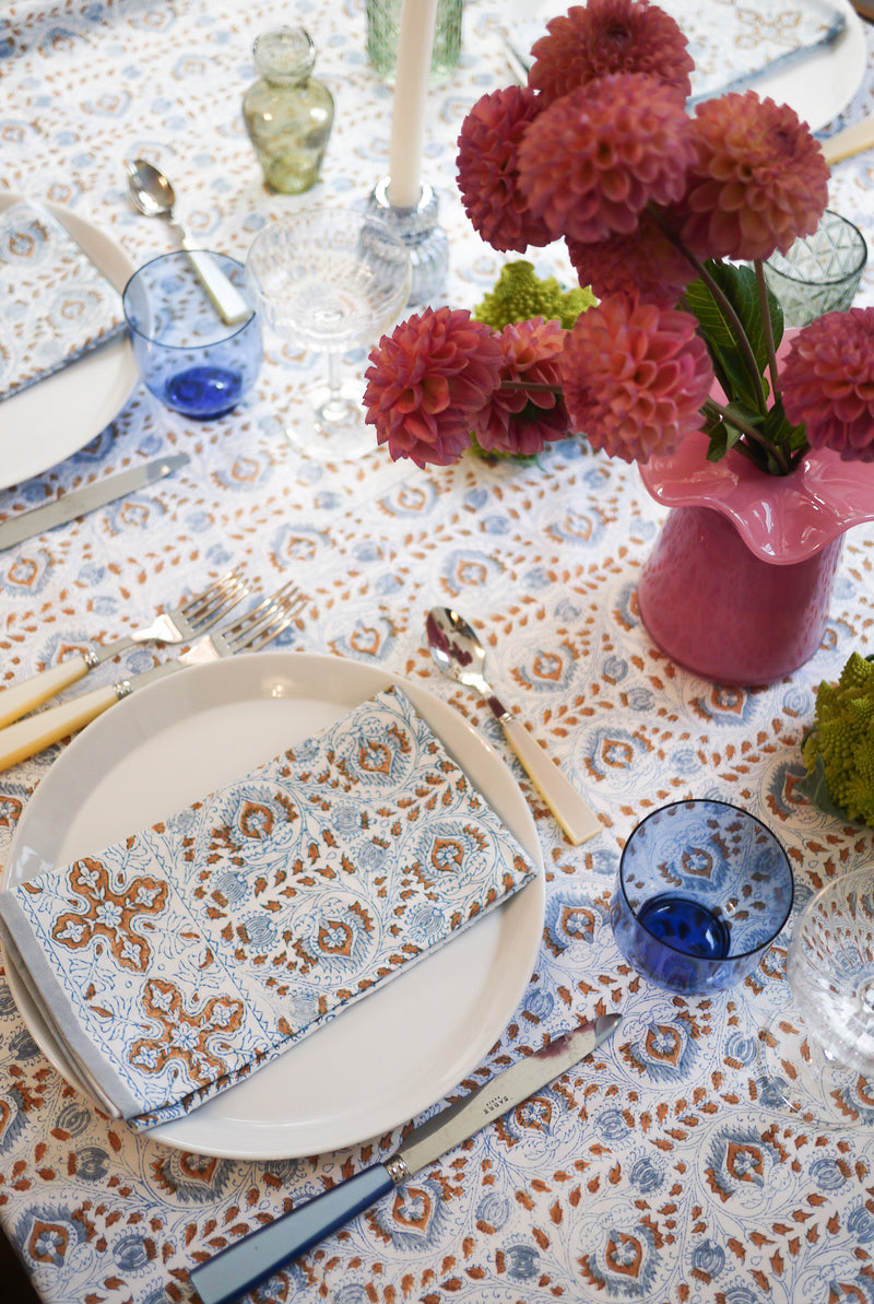 Faridabad Flower Tablecloth with Cross Border, Grey Stripe  - BLUE/GOLD