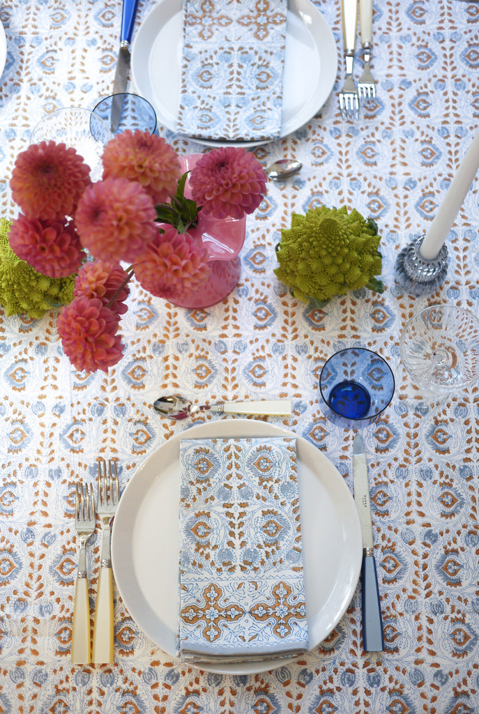 Faridabad Flower Tablecloth with Cross Border, Grey Stripe  - BLUE/GOLD