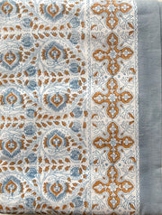 Faridabad Flower Tablecloth with Cross Border, Grey Stripe  - BLUE/GOLD