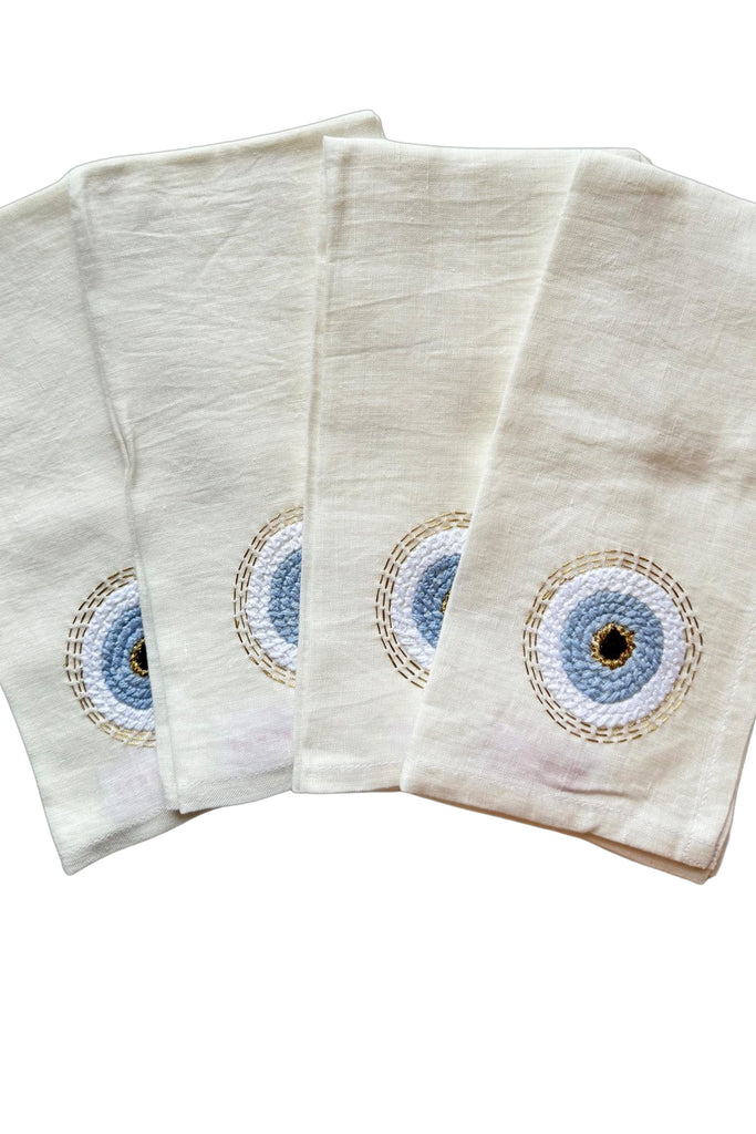 Evil Eye Hand Embroidered Linen Napkins in Grey, Set of 4