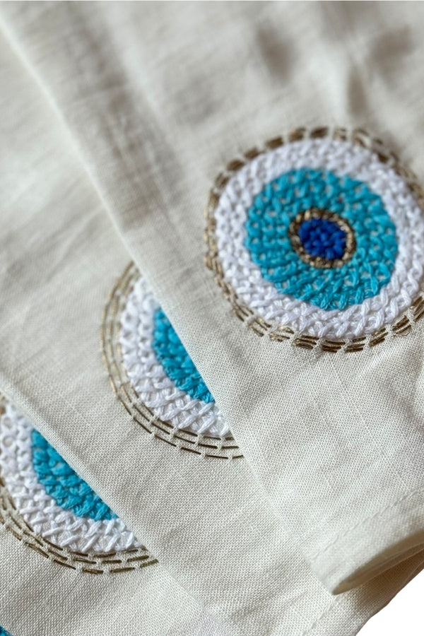 Evil Eye Hand Embroidered Linen Napkins in Blues, Set of 4