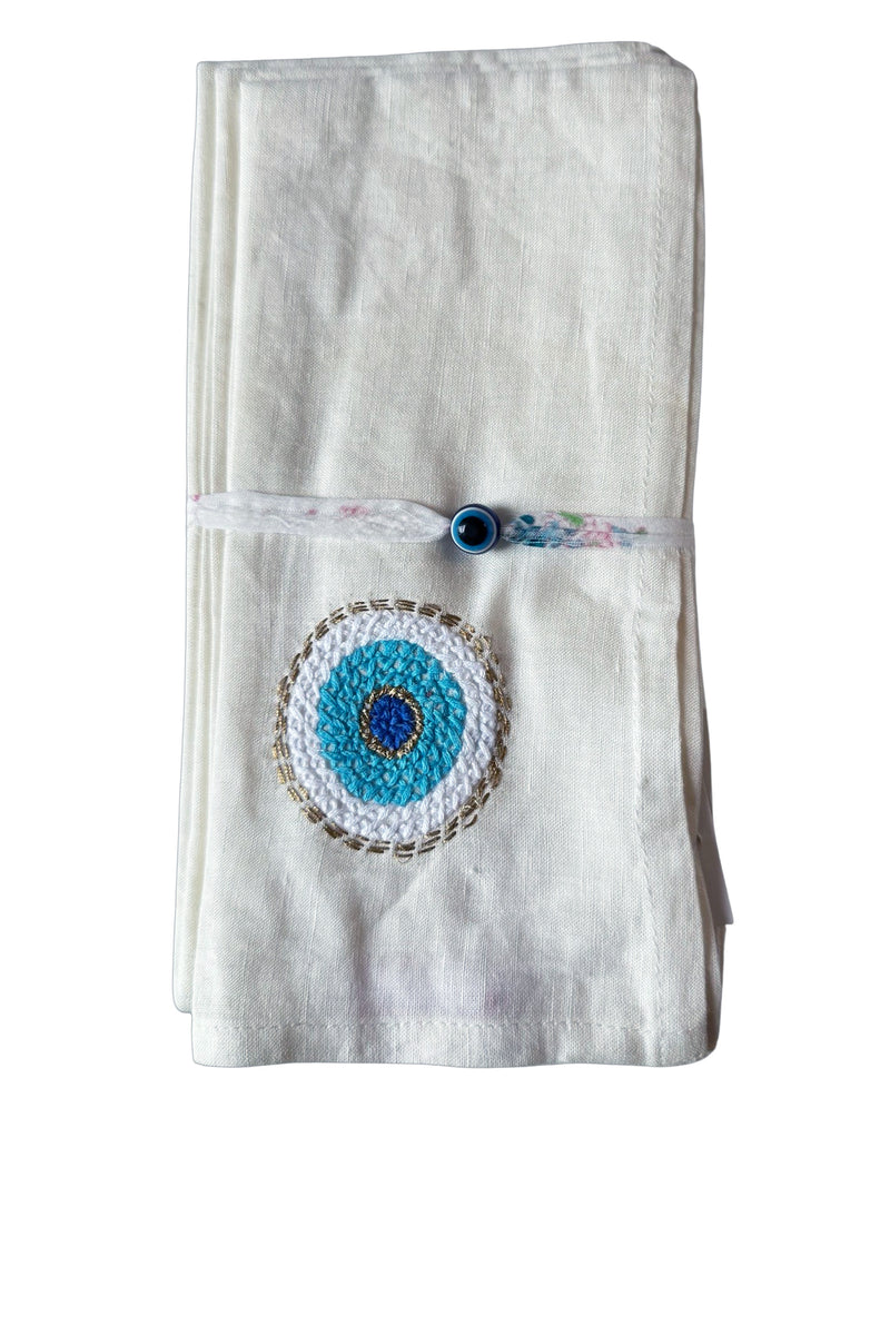 Evil Eye Hand Embroidered Linen Napkins in Blues, Set of 4