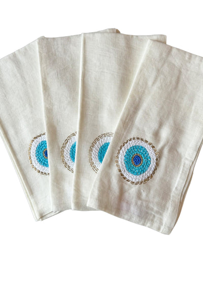 Evil Eye Hand Embroidered Linen Napkins in Blues, Set of 4