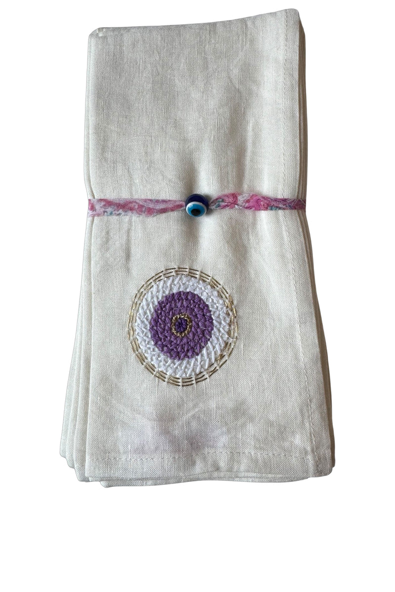 Evil Eye Hand Embroidered Linen Napkins in Lavender, Set of 4