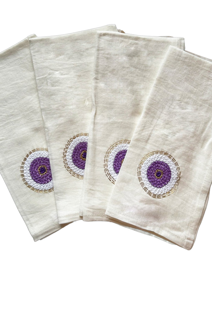 Evil Eye Hand Embroidered Linen Napkins in Lavender, Set of 4