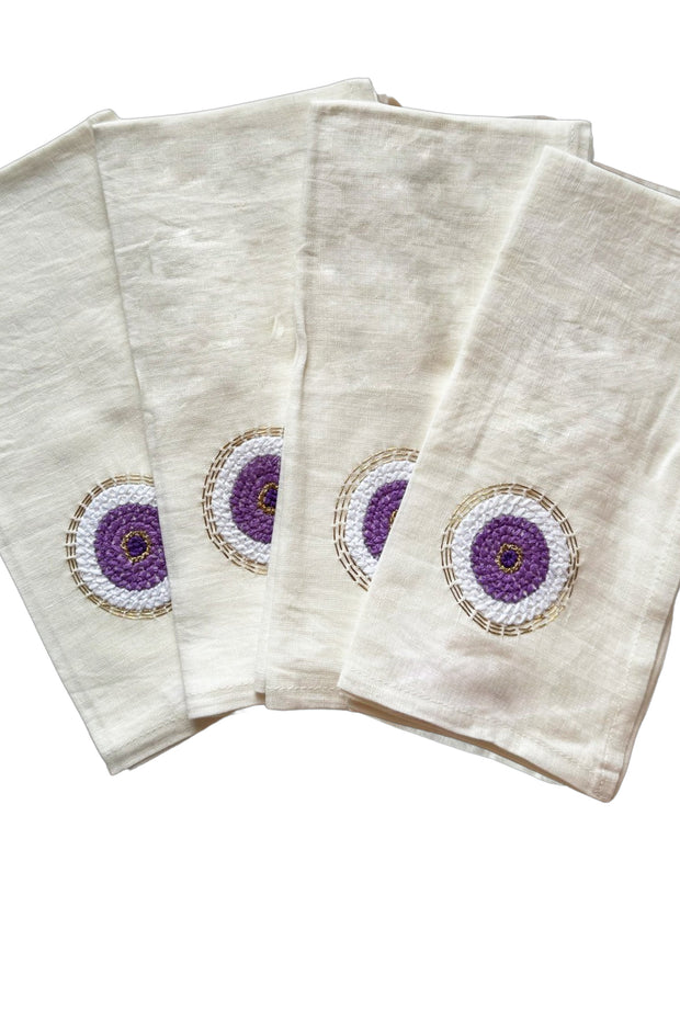 Evil Eye Hand Embroidered Linen Napkins in Lavender, Set of 4