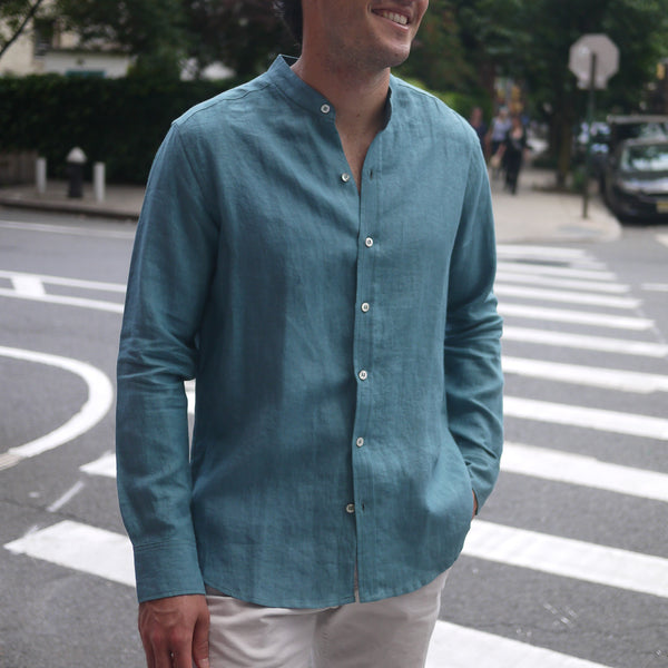 【BAON】[unisex] Ocean Henry Neck Linen Shirt Enzo 5708 men's shirt - Bering Sea - Buy online at NN.07®