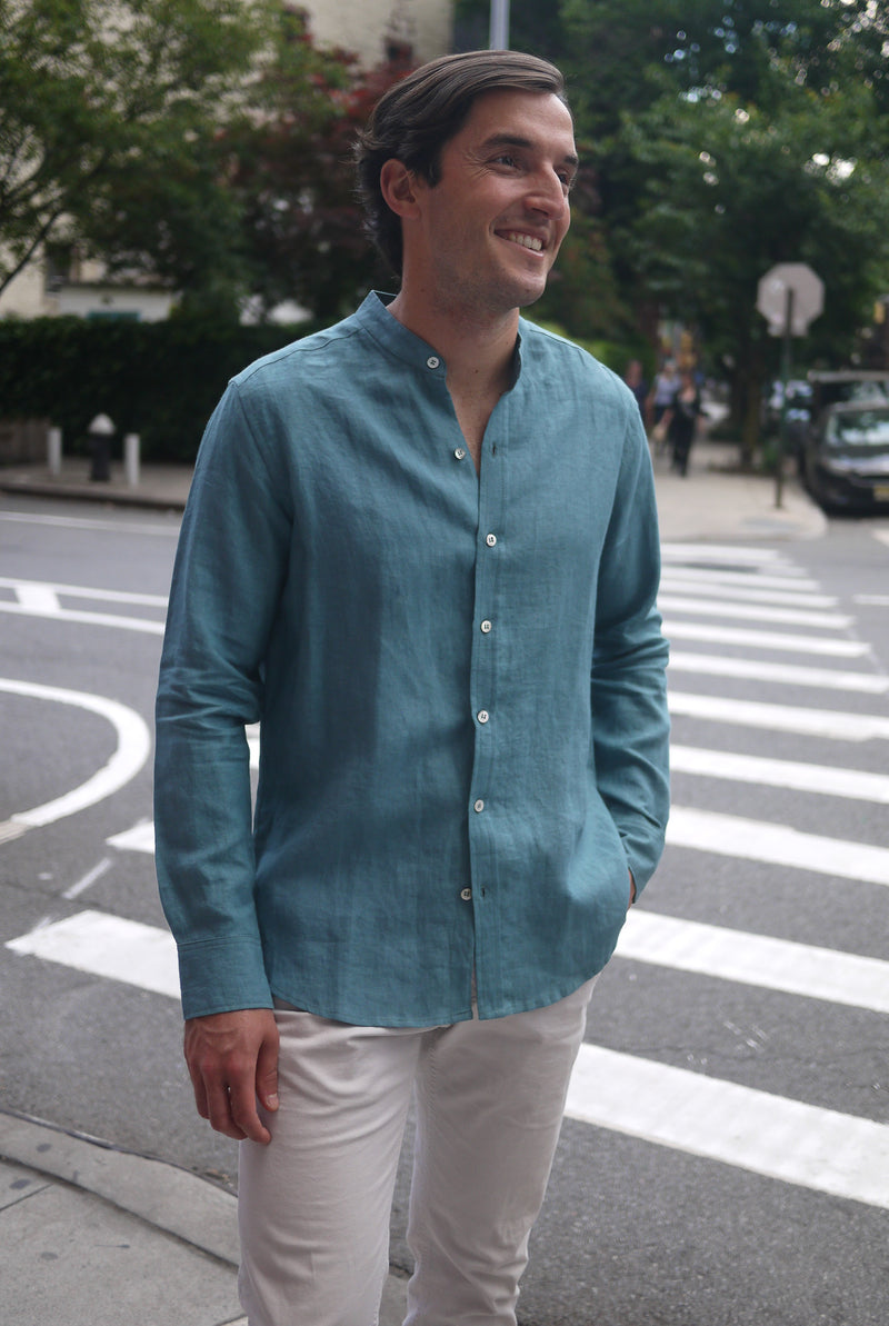 Men's Linen Nehru Collar Shirt Ocean Green