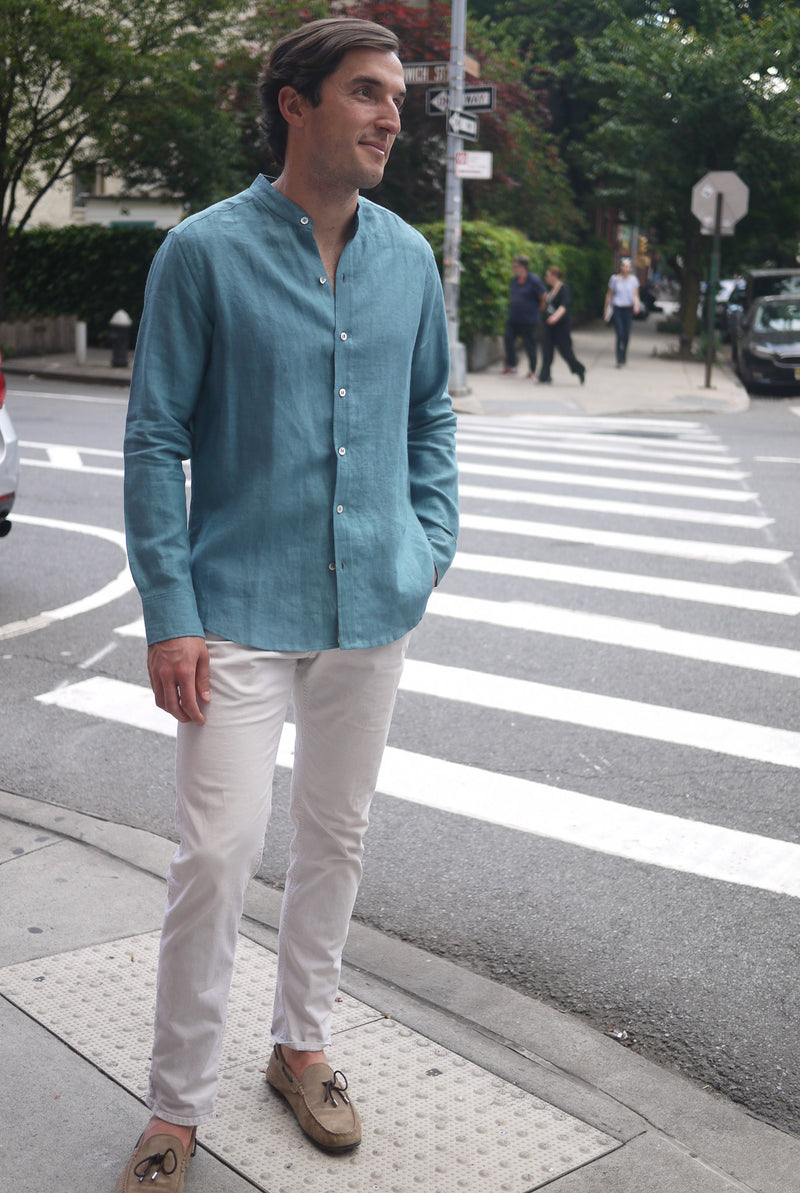 Men's Linen Nehru Collar Shirt Ocean Green – Buggy NYC Men's Linen Nehru Collar Shirt Ocean Green – Buggy NYC