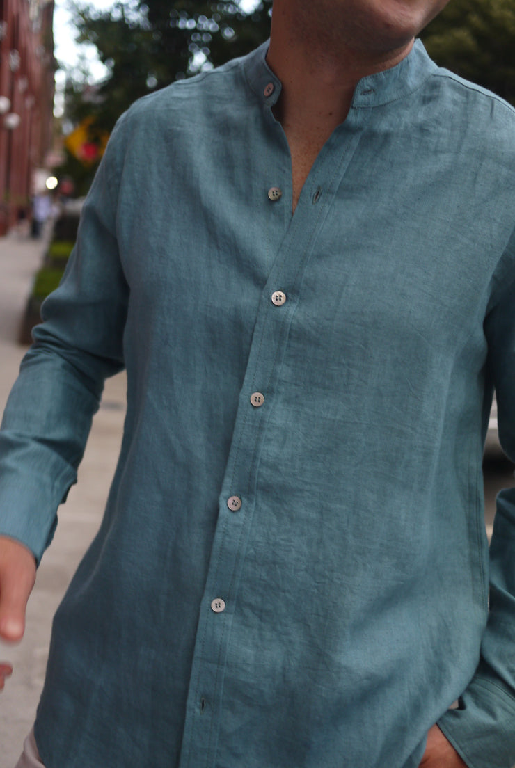 Men's Linen Nehru Collar Shirt Ocean Green