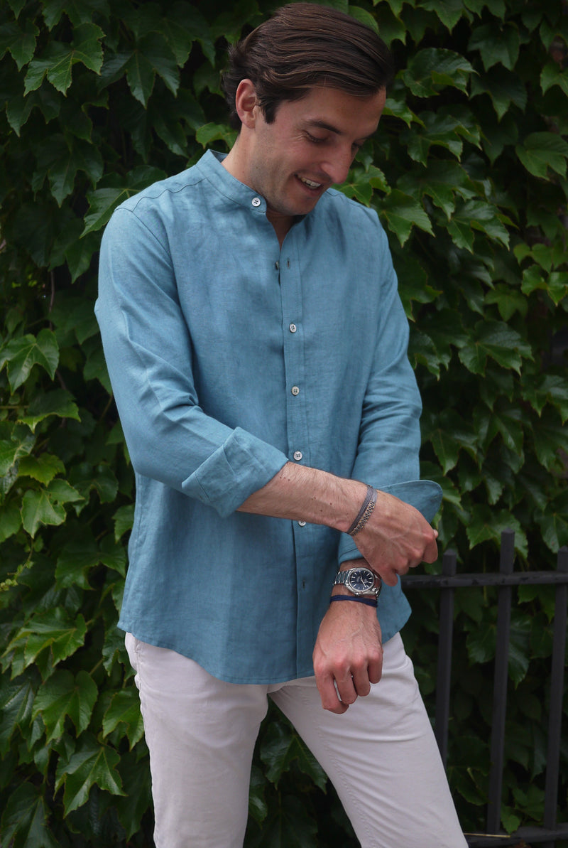 Men's Linen Nehru Collar Shirt Ocean Green Buggy NYC Men's Linen Nehru Collar Shirt Ocean Green Buggy NYC