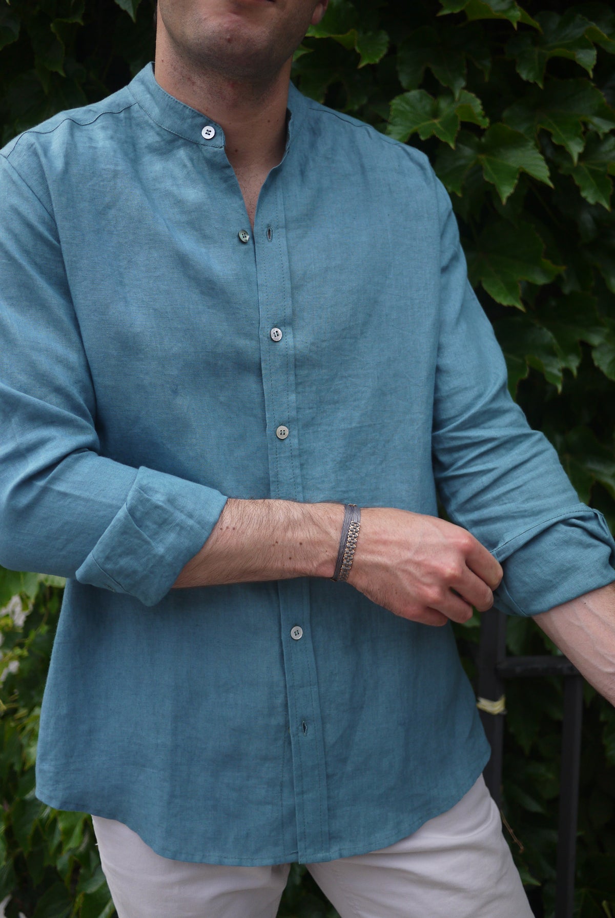 Men's Linen Nehru Collar Shirt Ocean Green Buggy NYC Men's Linen Nehru Collar Shirt Ocean Green Buggy NYC