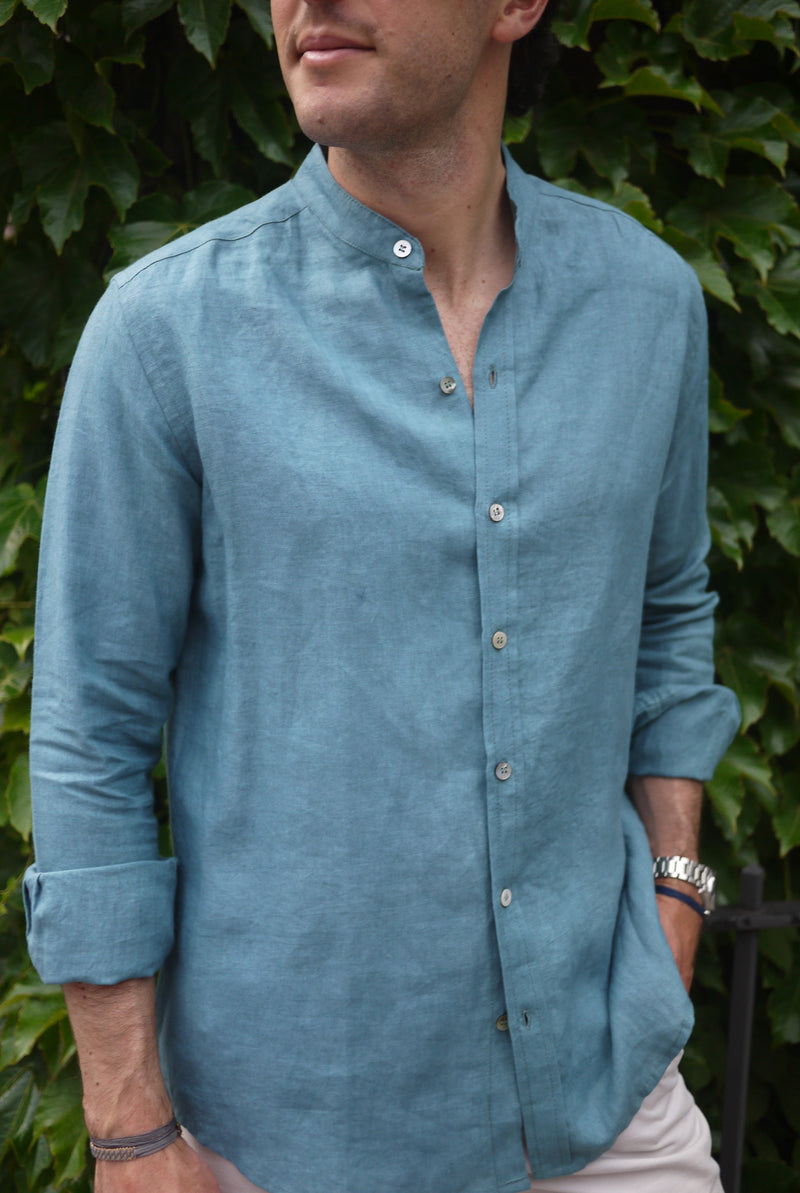 Men's Linen Nehru Collar Shirt Ocean Green Buggy NYC Men's Linen Nehru Collar Shirt Ocean Green Buggy NYC