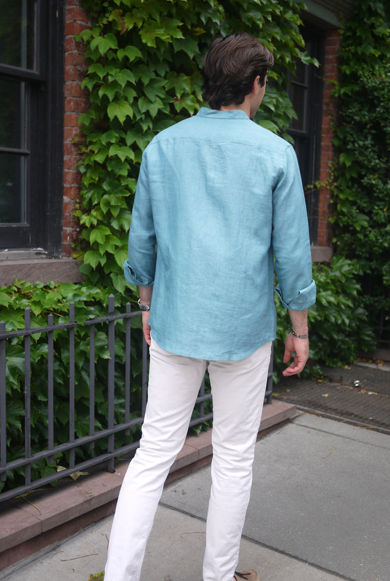 Men's Linen Nehru Collar Shirt Ocean Green