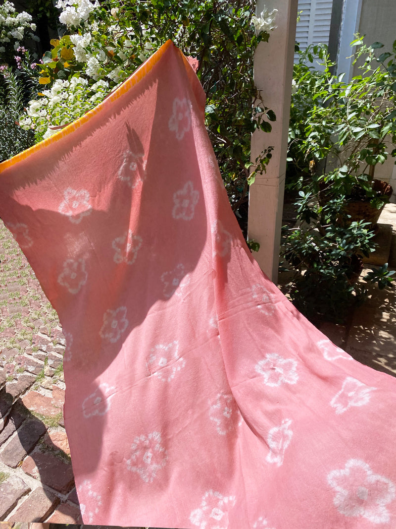 Shibori Flowers Pashmina - Coral with Marigold Edge