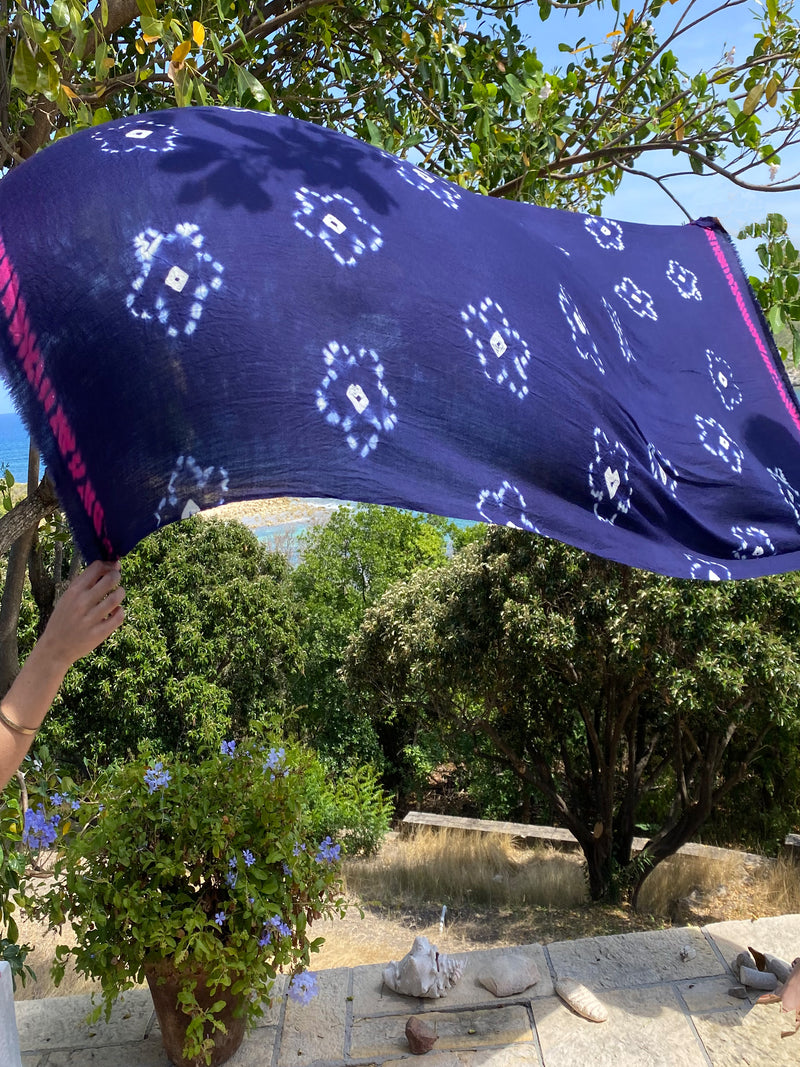 Shibori Flowers Pashmina - Navy with Hot Pink Edge