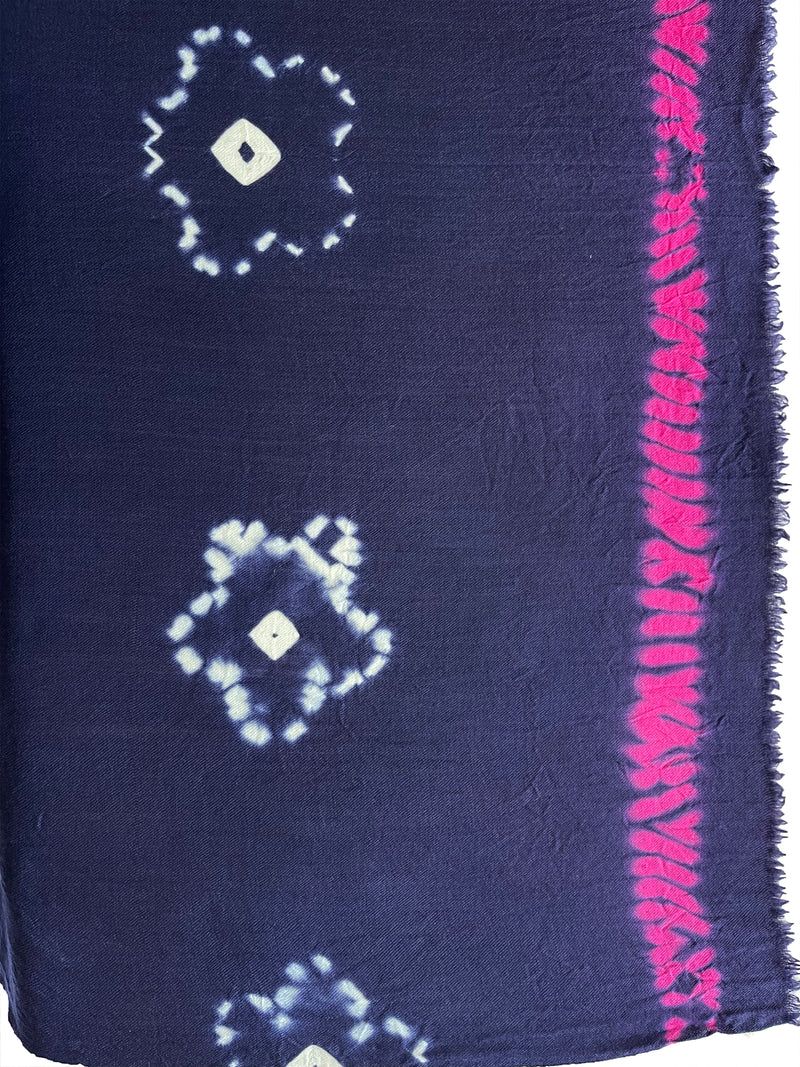 Shibori Flowers Pashmina - Navy with Hot Pink Edge