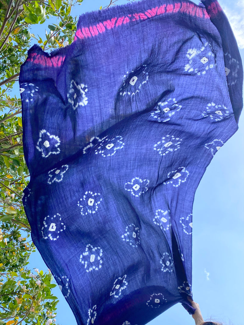 Shibori Flowers Pashmina - Navy with Hot Pink Edge