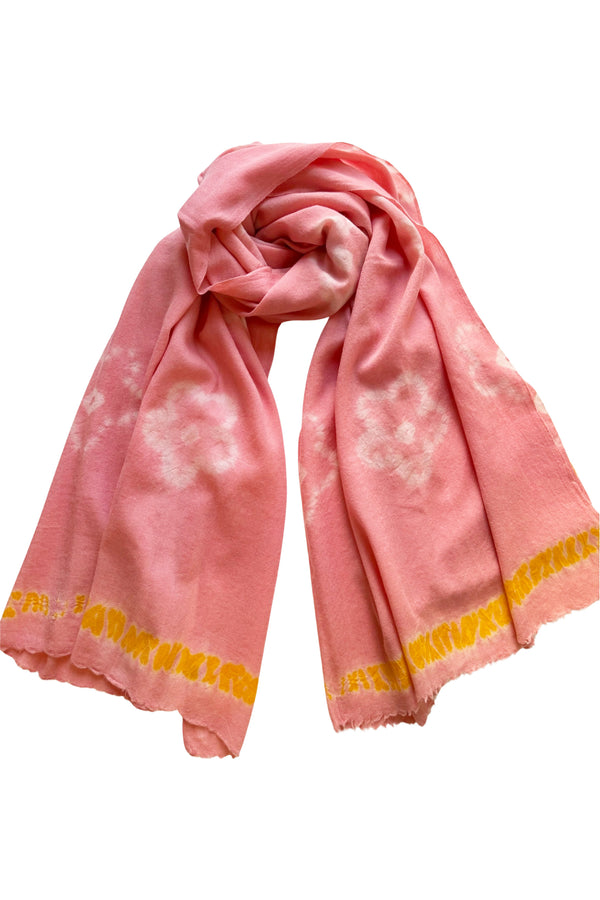 Shibori Flowers Pashmina - Coral with Marigold Edge