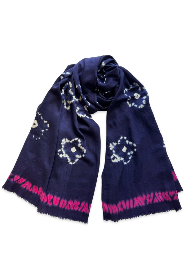 Shibori Flowers Pashmina - Navy with Hot Pink Edge