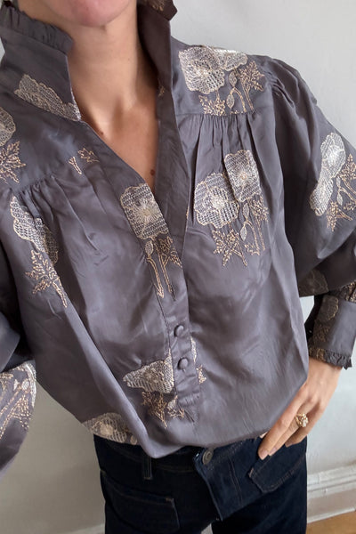 Zoe Blouse - Grey with Gold Embroidery