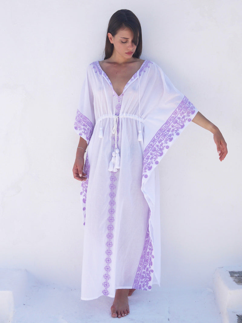 Aphrodite Long Embroidered Kaftan with Evil Eye - Lavender