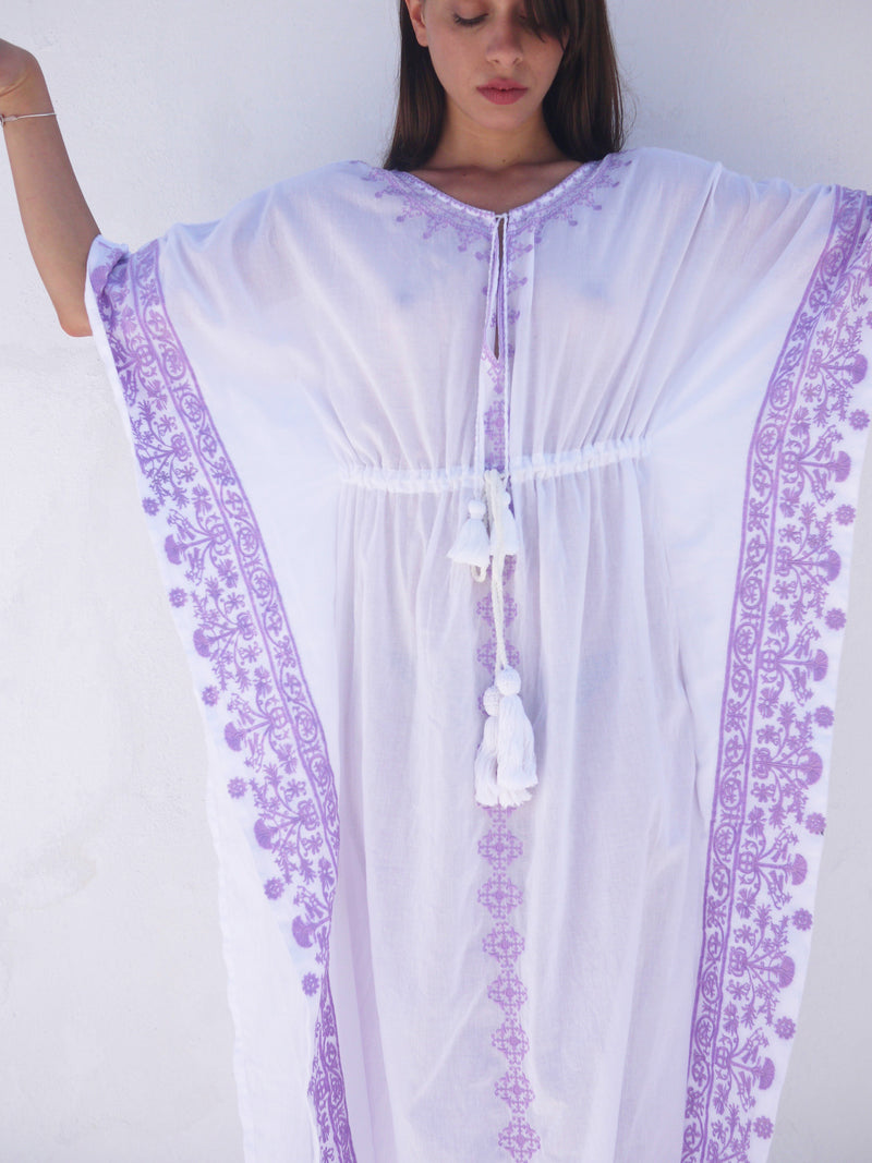 Aphrodite Long Embroidered Kaftan with Evil Eye - Lavender