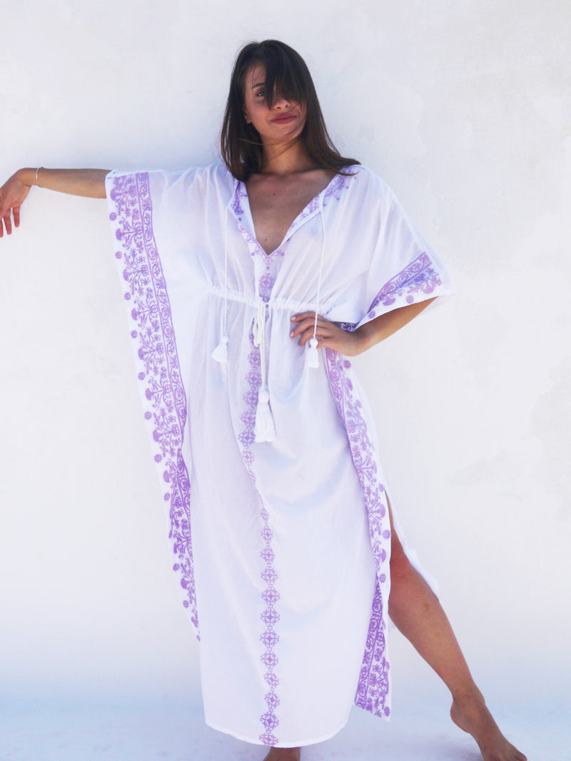 Aphrodite Long Embroidered Kaftan with Evil Eye - Lavender