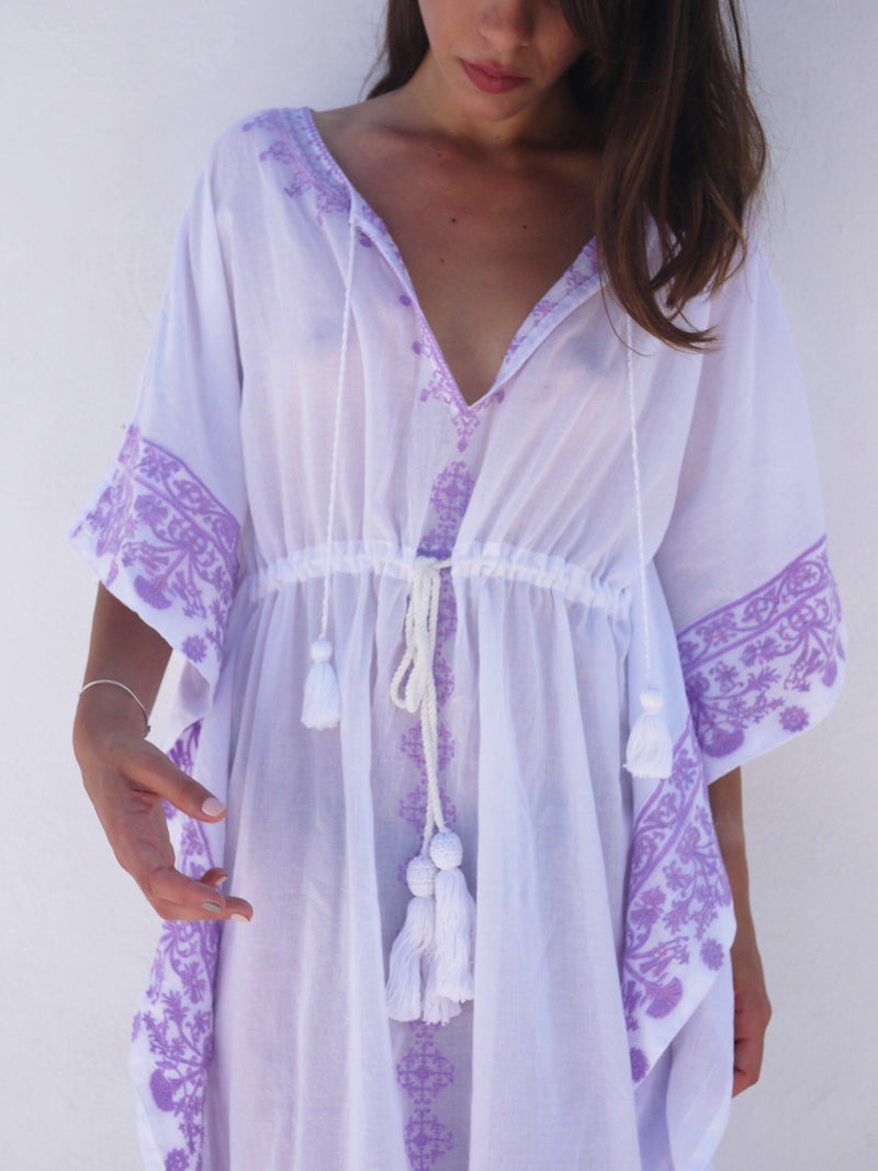 Aphrodite Long Embroidered Kaftan with Evil Eye - Lavender