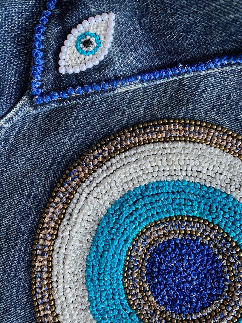 Hand Embroidered French Knot Evil Eye Denim Jacket