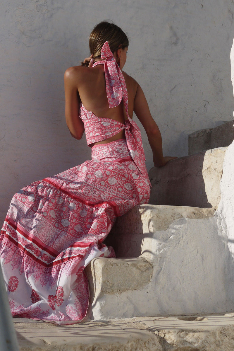 Ophelia Tiered Maxi Skirt in BCI Poplin - Pink and Burgundy (Better Co Buggy NYC Ophelia Tiered Maxi Skirt in BCI Poplin - Pink and Burgundy (Better Co Buggy NYC