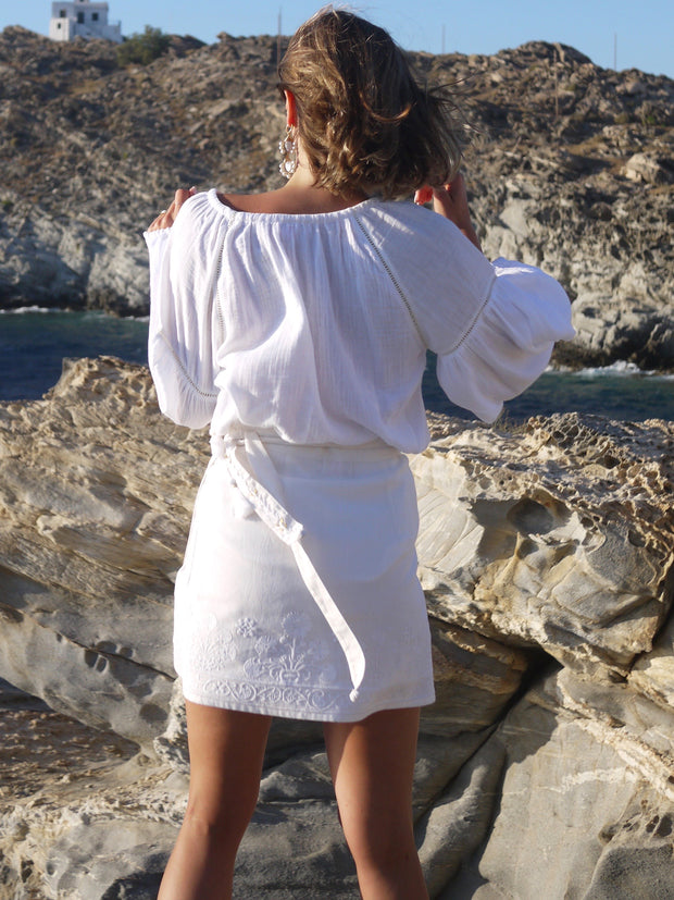 Arsenia Aline Embroidered Short Wrap Skirt in Linen - Ivory