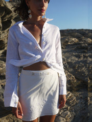 Arsenia Aline Embroidered Short Wrap Skirt in Linen - Ivory