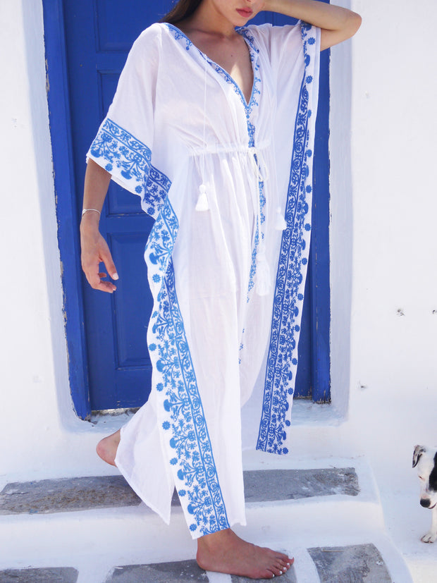Aphrodite Long Embroidered Kaftan with Evil Eye - Grecian Blue