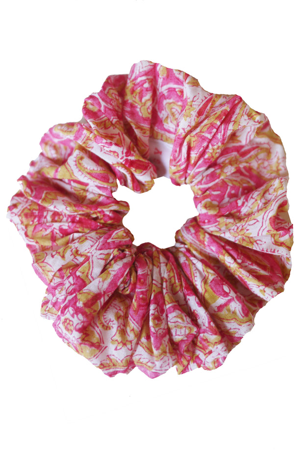 Blockprint Hair Scrunchie in Nettie Pink with Marigold Fleks