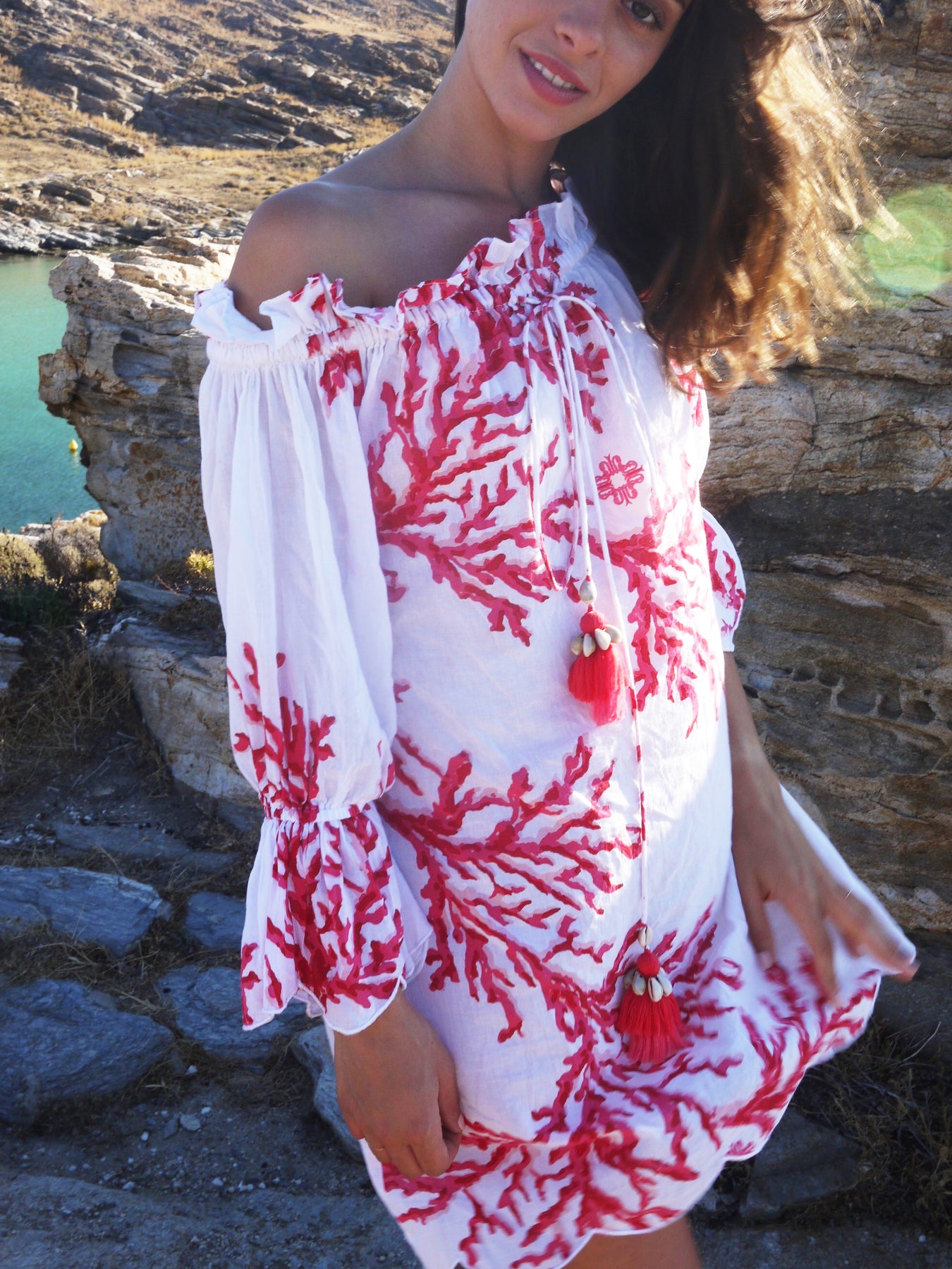 Coral off the outlet shoulder dress