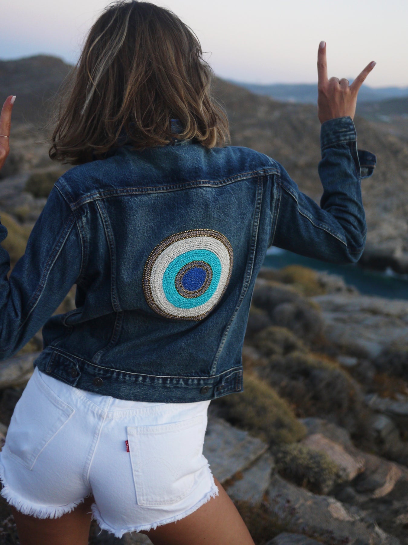 Hand Embroidered French Knot Evil Eye Denim Jacket – Buggy NYC