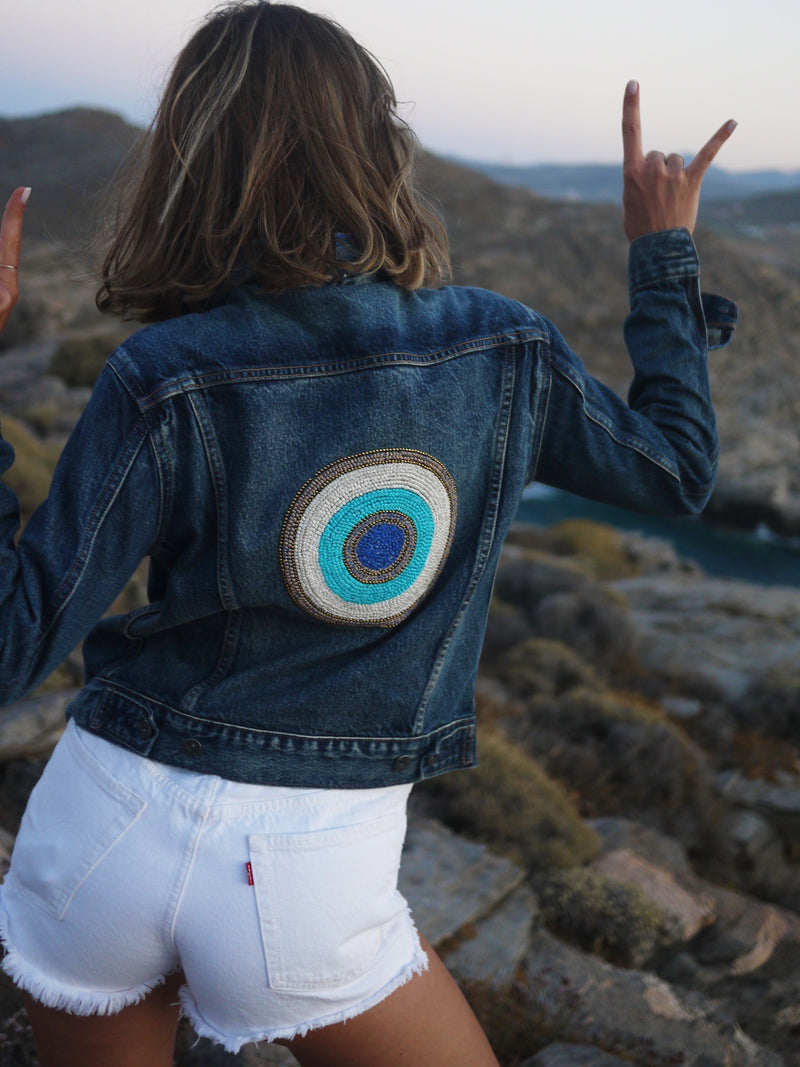 Hand Embroidered French Knot Evil Eye Denim Jacket