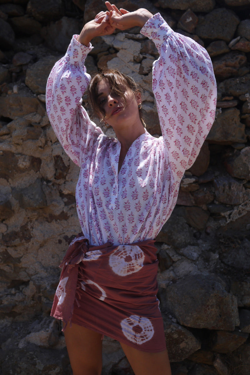 Zoe Blouse - Mini Petals Pink and Cocoa with Embroidered French Knots