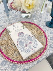 Bouquet Flower Napkins with French Knot Hand Embroidery in Nantucket Grey & Hot Pink , Set of 4