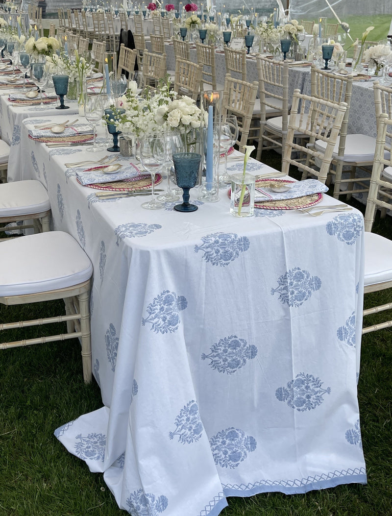 Modern Floral Tablecloth with Hand Embroidered Border in Nantucket Grey - MORE SIZES