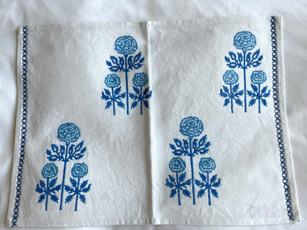 Modern Floral Placemat with Embroidered Border in Grecian Blues, Set of 4