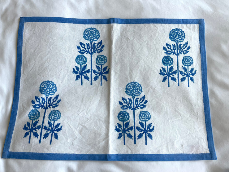 Modern Floral Placemat with Solid Border in Grecian Blues, Set of 4